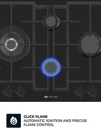 MILLEN MGHG 6503 BL 65 cm Built-in 4 Burners Gas Hob - Glass Finish, 9700 Watts, Mechanical and Electronic Ignition Control, 3 Year Warranty